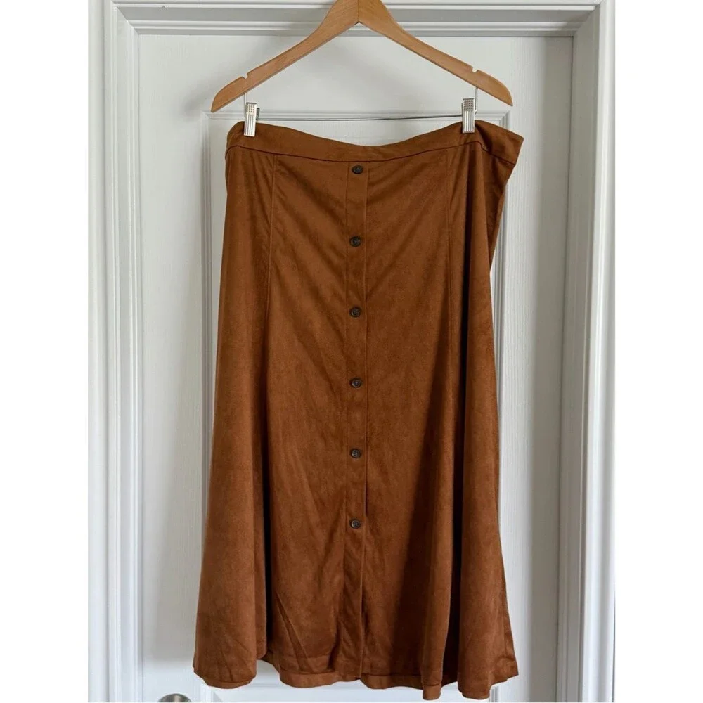 Banana Republic Vegan Suede Button-Front Midi Skirt Cognac Brown Size 20 Tall
